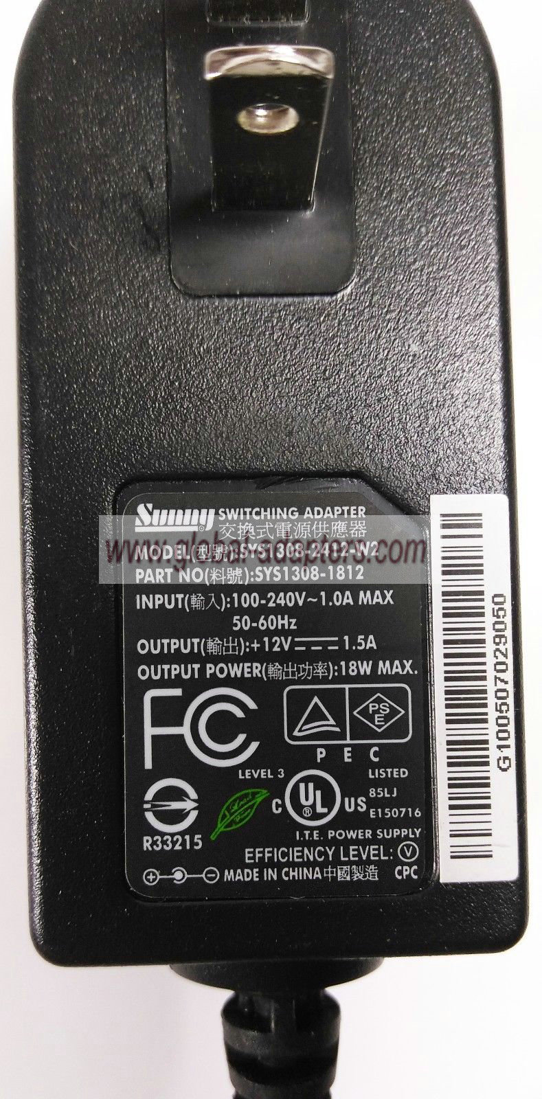Genuine Sunny 12V 1.5A SYS1308-1812 SYS1308-2412-W2 18W AC Adapter